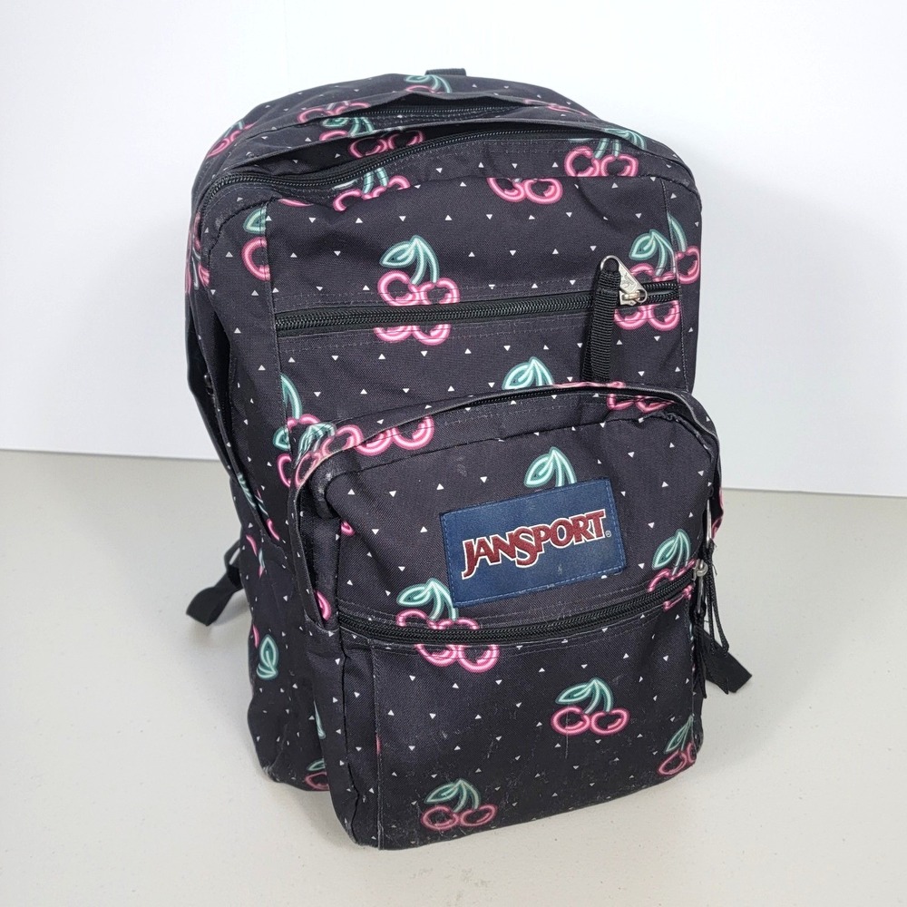 JanSport Backpack Unisex Large Black Neon Cherry Print Multi Pocket Bookbag